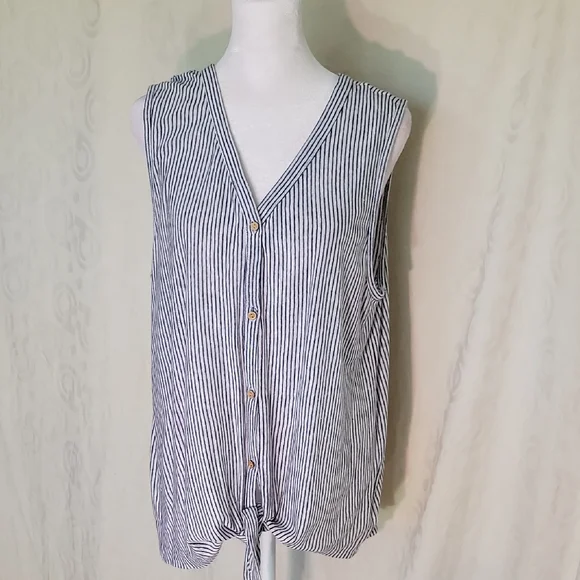 Rachel Zoe Sleeveless Linen Vertical Stripe Tie Hem Top - Blue & White - Picture 1 of 6